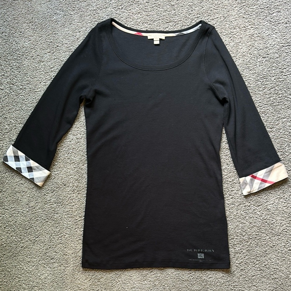 BURBERRY BLACK BRIT CUFF CHECK 3/4 SLEEVE SHIRT SIZE L